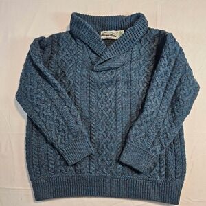 Aran Crafts 100% Merino Wool Shawl Collar Cable Knit Sweater Blue  XL Ireland